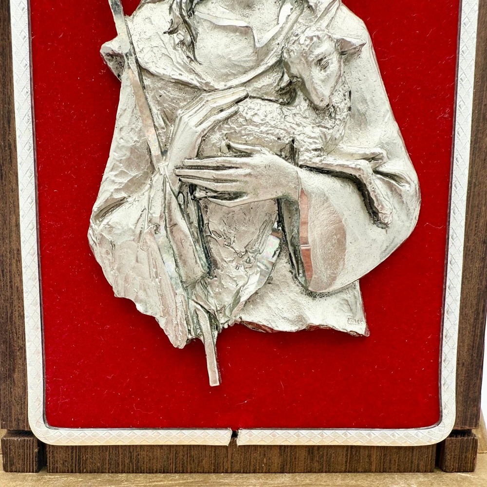 Vintage Italian Pewter Jesus Plaque Red Velvet by Peltro Italy– Good Shepherd 6" - Picture 7 of 9